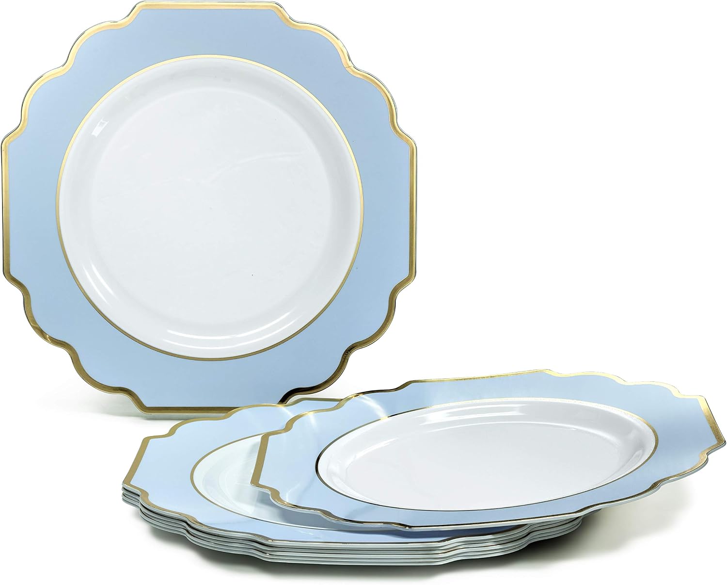 ' OCCASIONS ' 240 Plates Pack (120 Guests) Heavyweight Wedding Party Disposable Plastic Plates Set -120 x 10.5'' Dinner + 120 x 8'' Salad/Dessert Plate (Imperial in White/Blue & Gold)