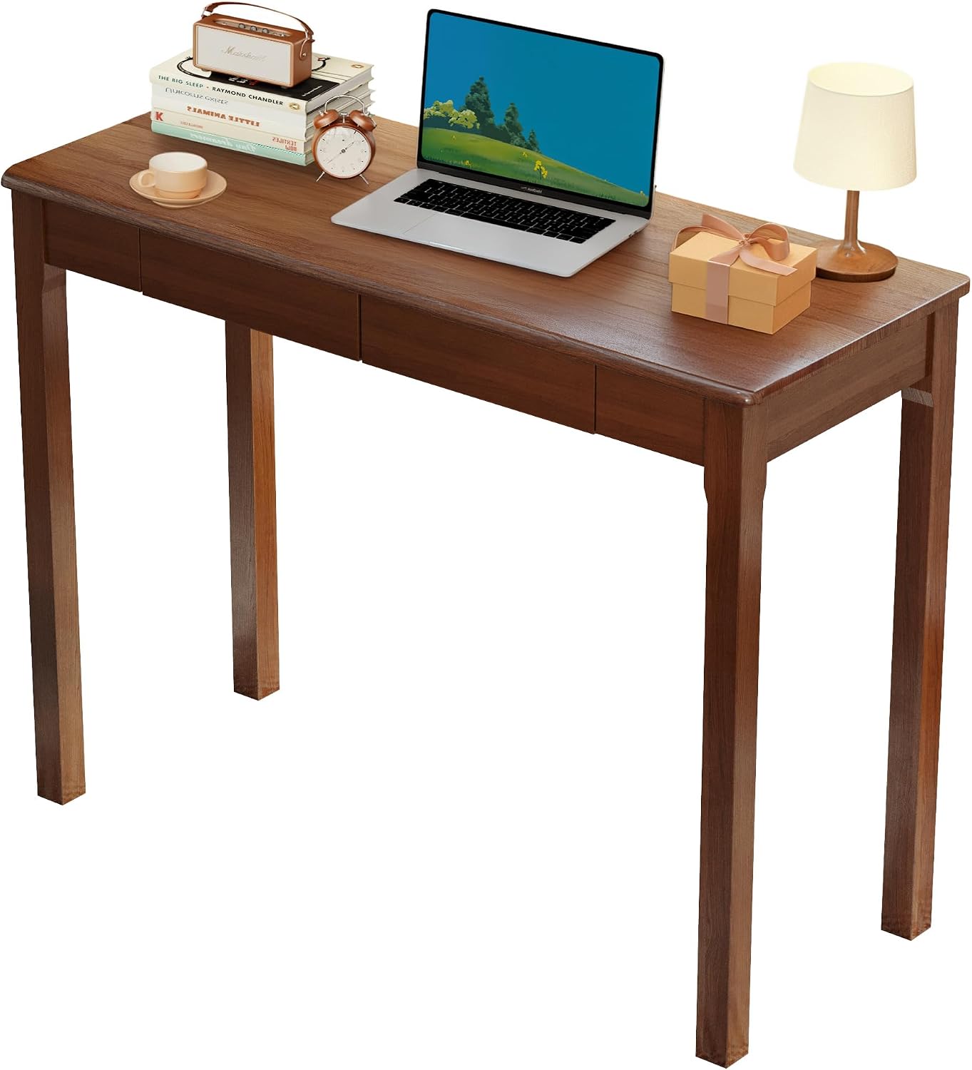 Solid Wood Desk with Drawers - 39' Narrow Desks for Small Spaces, Mid Century Modern Desks, Small Wooden Vintage Computer Writing Desk, Study Table for Home Office Bedroom, Walnut