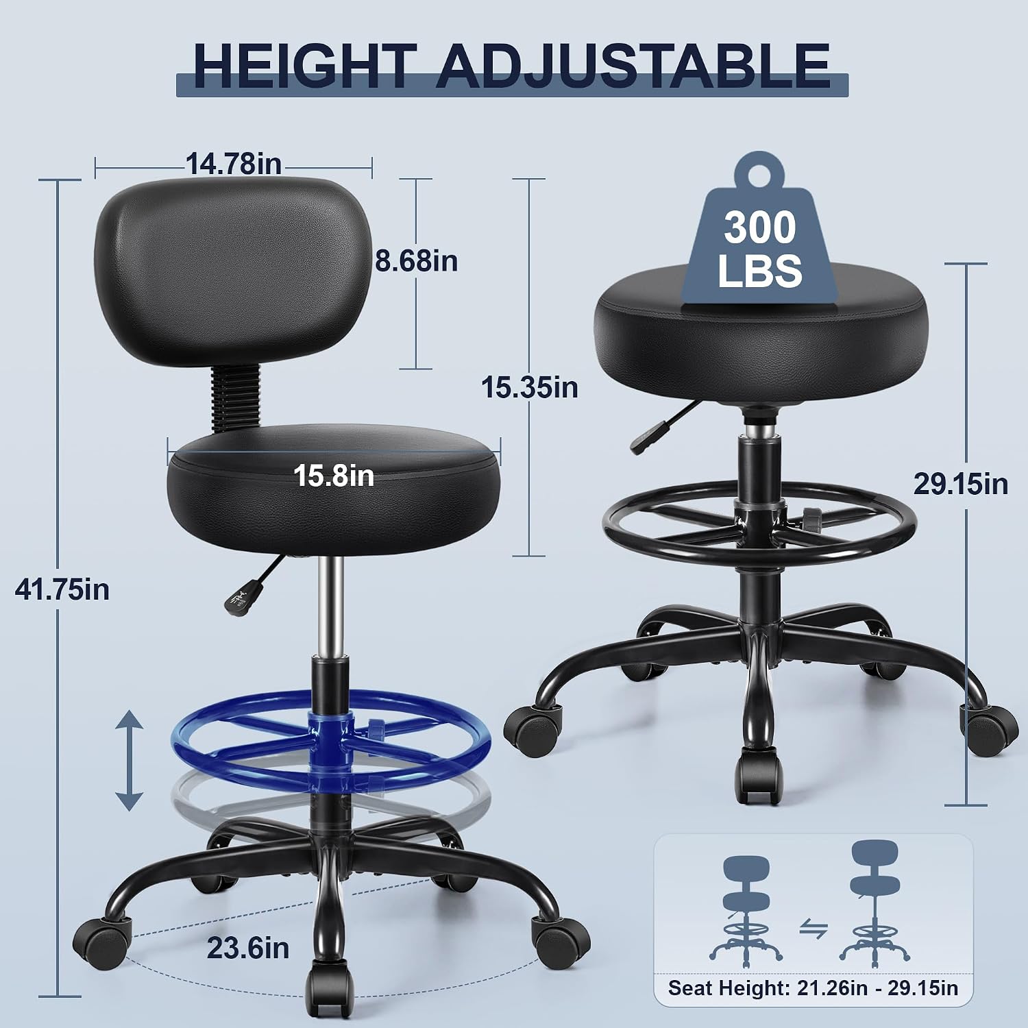 Brick Attic Drafting Chair with Backrest – Adjustable Foot Rest Rolling Stool with Wheels, PU Leather Swivel Stool for Office Spa Studio Lab Counter Salon Home Work Bar Kitchen Shop(Black), Pack of 2