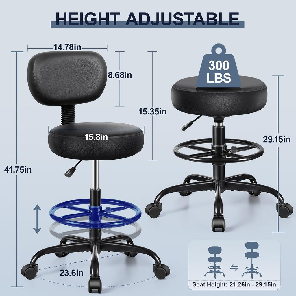 Brick Attic Drafting Chair with Backrest – Adjustable Foot Rest Rolling Stool with Wheels, PU Leather Swivel Stool for Office Spa Studio Lab Counter Salon Home Work Bar Kitchen Shop(Black), Pack of 5