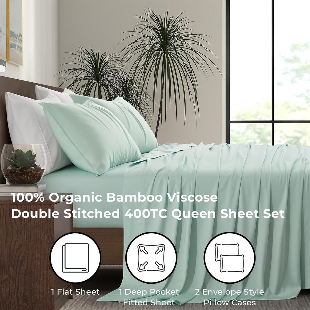 Luxury Bamboo Market | Queen Size Bed Sheet Set | 100% Viscose Made from Bamboo | Organically Grown | Ultra Soft | Cooling Sheets for Hot Sleepers | 17' Deep Pocket [Coastal Green]