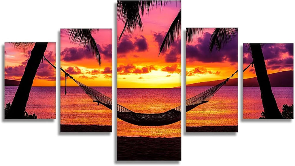 Sunset Diamond Art 5 Piece Diamond Painting Beach 5D DIY Full Round Drill Dimond Art Paintings Rhinestones Crafts for Adults Gem Painting for Home Decor, Large Artwork for Wall 60 x 120 Inch, Model393