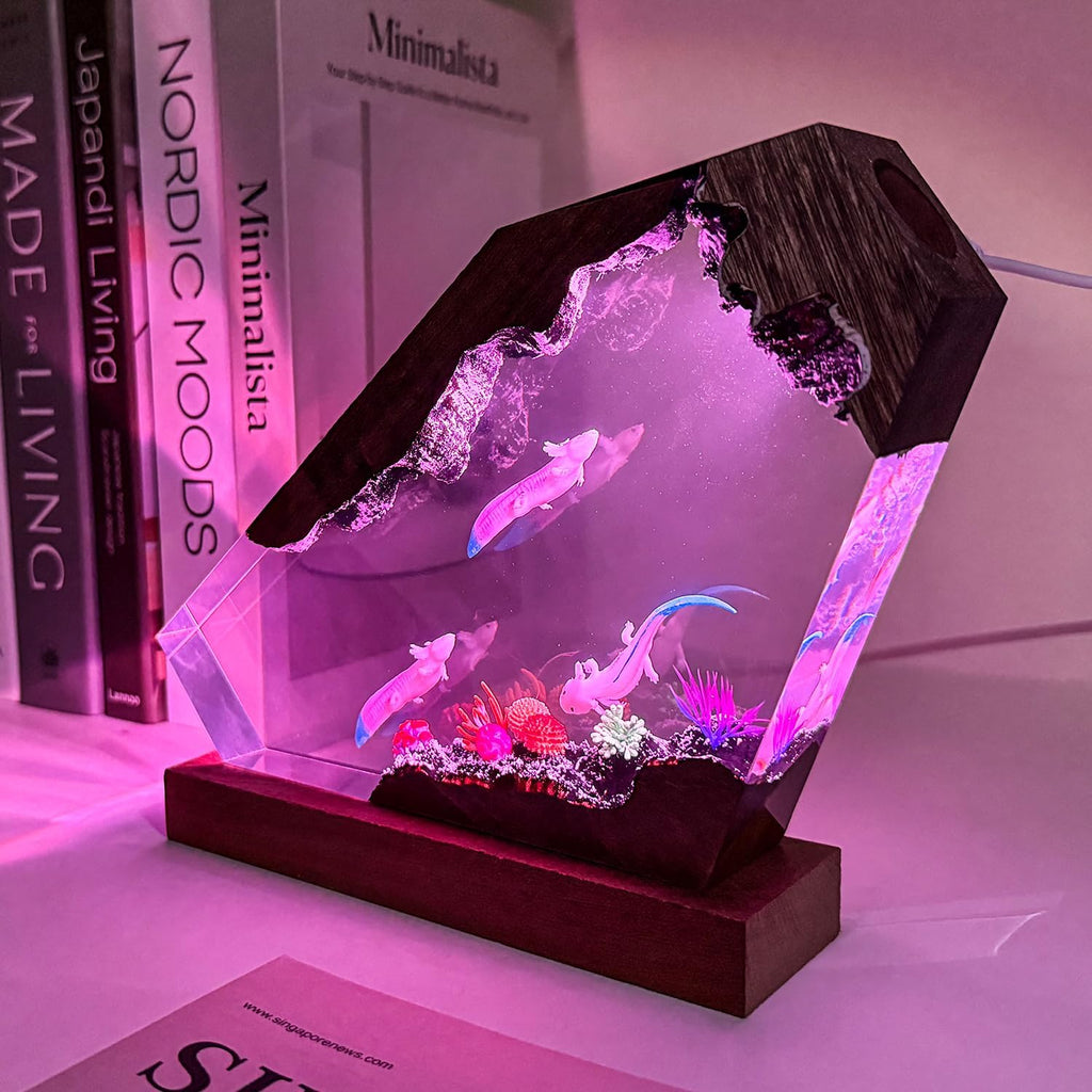 Axolotl Resin Lamp,Handcrafted 3D RGB Axolotl Night Light with Wooden Base for Home Office Decor,Unique Axolotl Gifts, Birthday Valentine's Day Gifts for Women & Men (M 8'X5')
