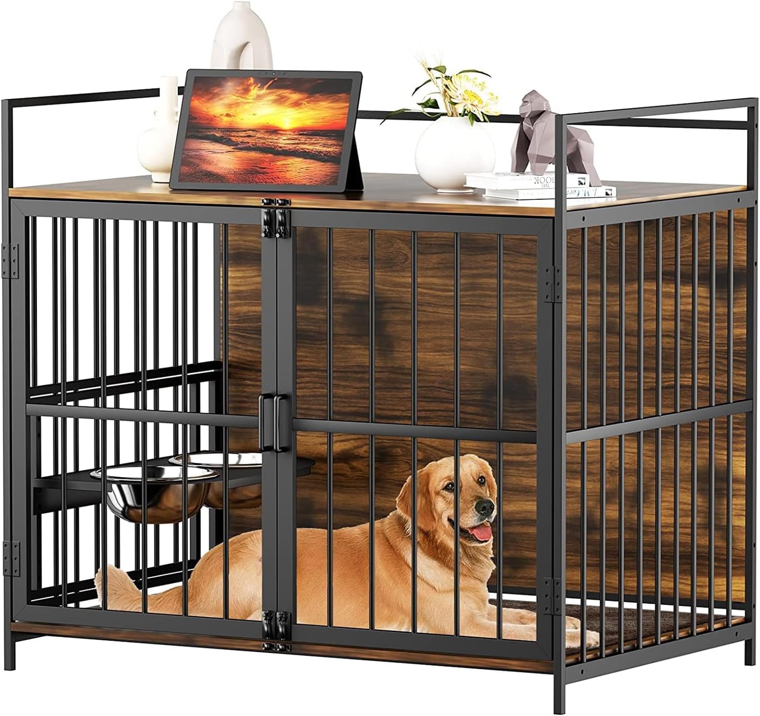 ROOMTEC Furniture Style Large Dog Crate with 360° & Adjustable Raised Feeder for Dogs 2 Stainless Steel Bowls -End Table House Pad, Indoor Use,41' L X 24' W 36' H, Classic Brown