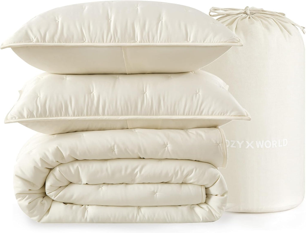 100% Viscose Derived from Bamboo,Full/Queen Quilt Set,3-Piece Comforter Set Dreamer Cross Stitch Cooling Rayon Bedding Duvet Insert with Corner Loops, Ivory Cream