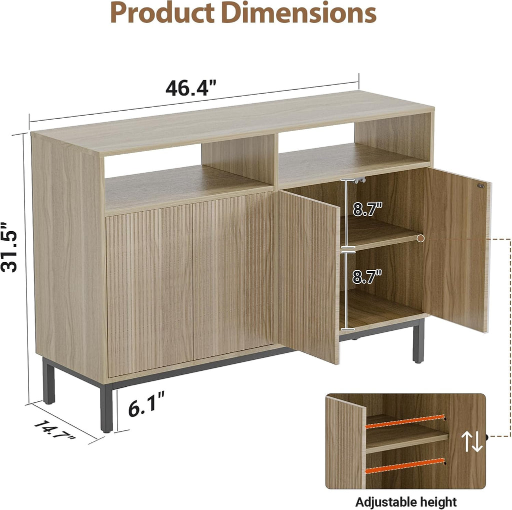 Mericonia Farmhouse Buffet Sideboard Cabinet with Storage, Fluted Coffee Bar with Doors and Adjustable Shelves, Modern Wood Console Cabinet for Kitchen, Livingroom (Fluted 4 Door, Oak)