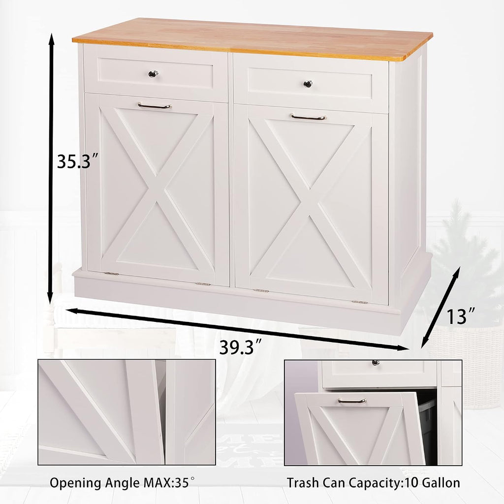 TOLEAD Double Tilt Out Trash Cabinet Free Standing 10 Gallon Recycling Trash Can Cabinet with Barn Door for Farmhouse Kitchen,Living Room, Dining Room, White