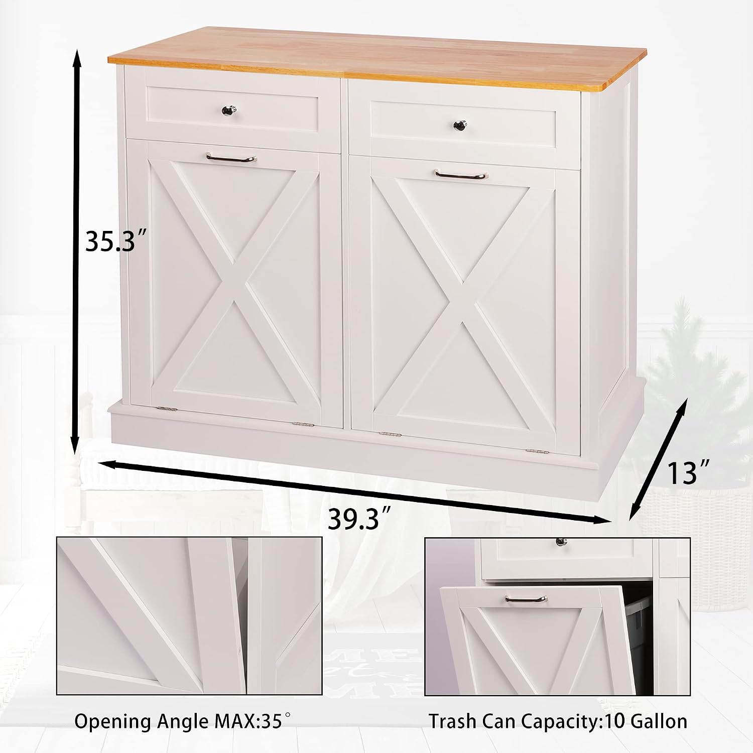TOLEAD Double Tilt Out Trash Cabinet Free Standing 10 Gallon Recycling Trash Can Cabinet with Barn Door for Farmhouse Kitchen,Living Room, Dining Room, White