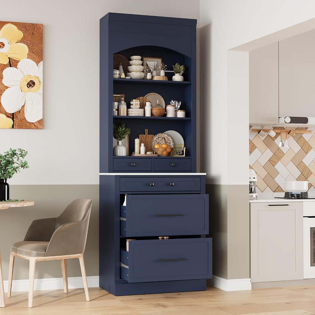 Modern 83.7inch High Kitchen Pantry, Freestanding Tall Kitchen Hutch with Faux Marble Top, Cupboard Cabinet with 5 Storage Drawers and Adjustable Shelf (Blue-4)