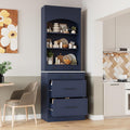 Modern 83.7inch High Kitchen Pantry, Freestanding Tall Kitchen Hutch with Faux Marble Top, Cupboard Cabinet with 5 Storage Drawers and Adjustable Shelf (Blue-4)