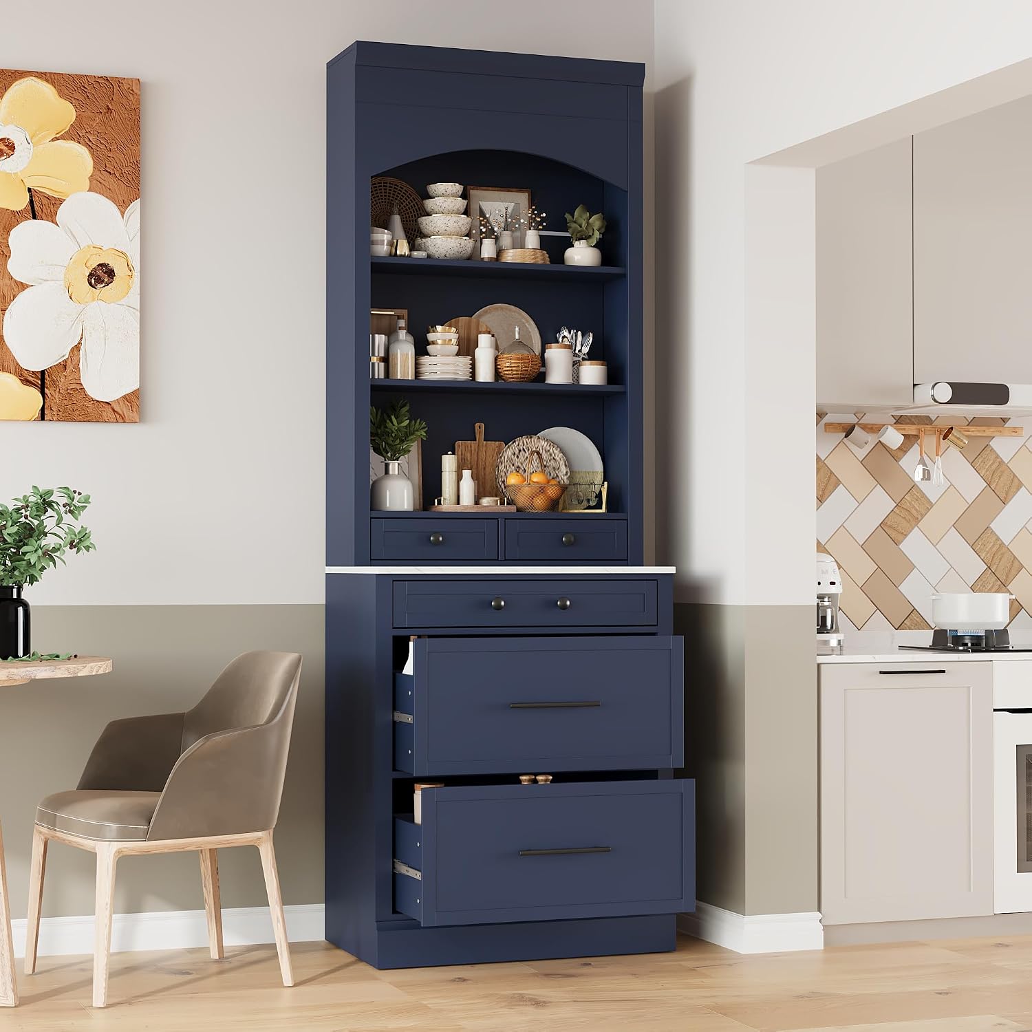 Modern 83.7inch High Kitchen Pantry, Freestanding Tall Kitchen Hutch with Faux Marble Top, Cupboard Cabinet with 5 Storage Drawers and Adjustable Shelf (Blue-4)