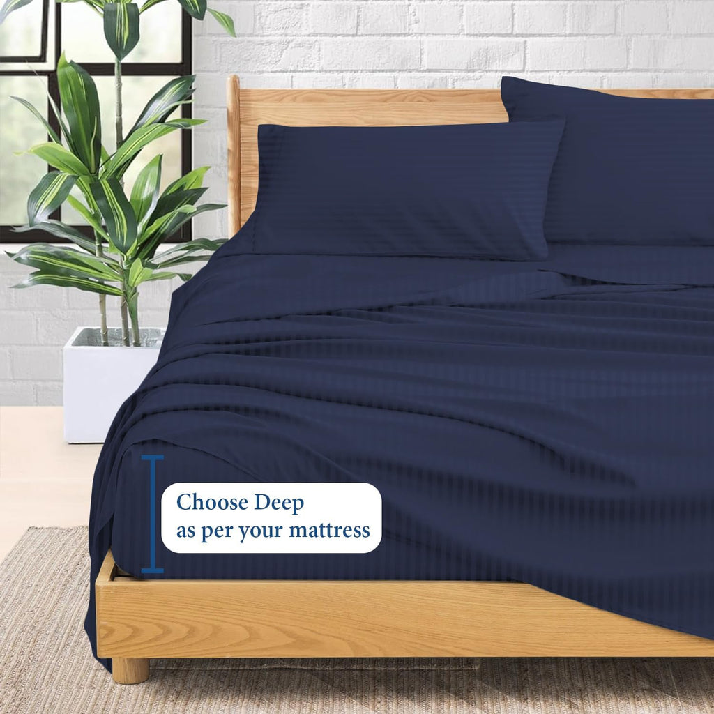1000 Series- Extra Long Staple 100% Egyptian Cotton Sheet Set,Sateen Weave, Hotel Quality Soft Luxury Bedding, Queen Size 4 Piece Sheet Set Fit 15' Inch to 18' Deep Stripe Navy Blue