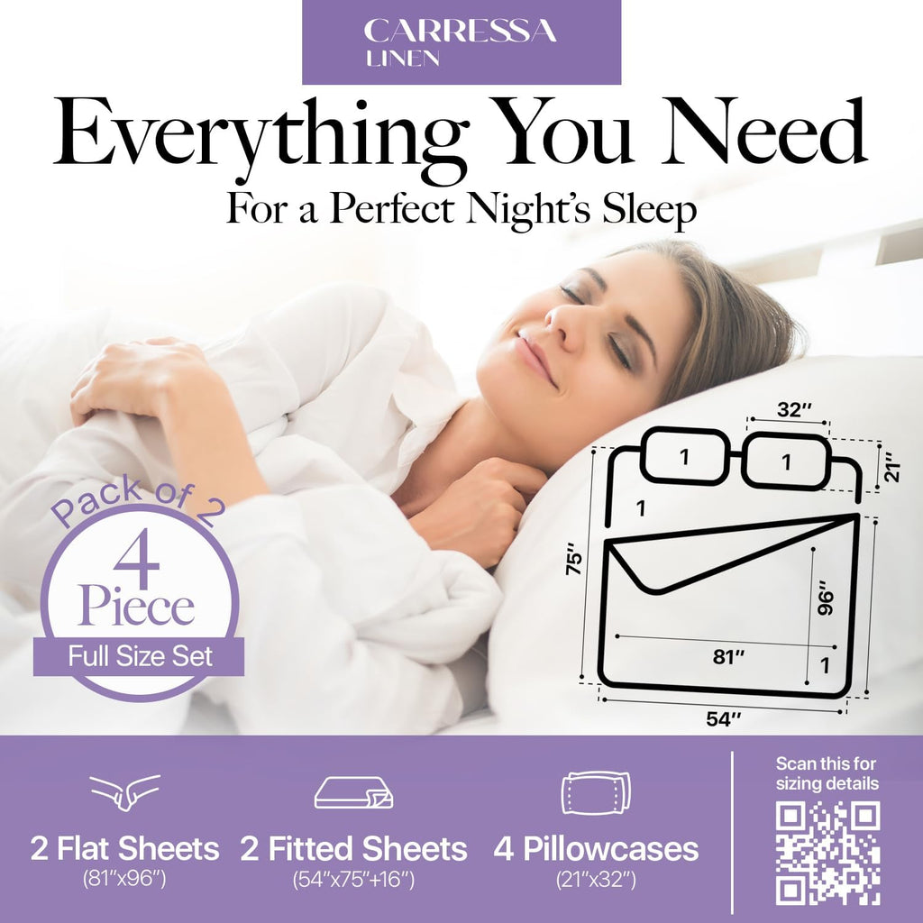 Carressa Linen 100% Egyptian Cotton Full Size Sheets - 600 Series Hydrangeas Collection Full Size Egyptian Cotton Sheets (8 PC, Crisp White), 16' Deep Pocket Sateen Weave Luxury Hotel Bed Sheet Set