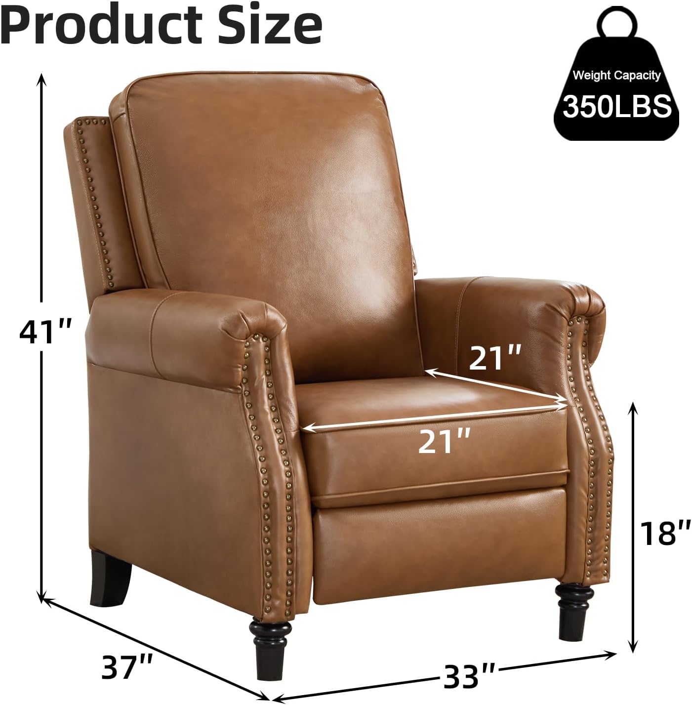 CANMOV Push Back Recliner Chair, Genuine Leather Pushback Reclining Chair with Padded Seat, Wingback Recliner with Rivet Decoration Single Sofa Recliner for Living Room Apartment, Brown