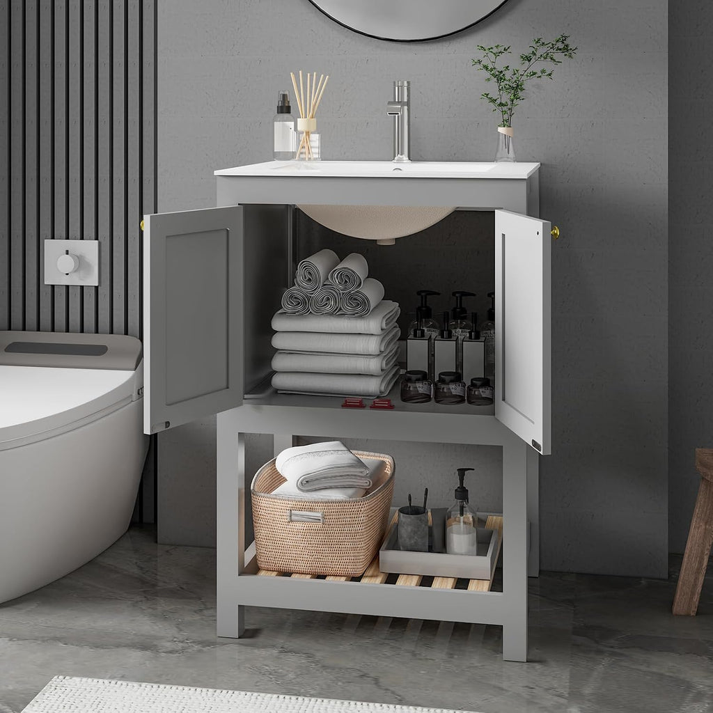 24 Inch Small Bathroom Vanity with Sink, Modern Bathroom Sink Cabinet with Open Shelf, Ceramic Basin, Gray