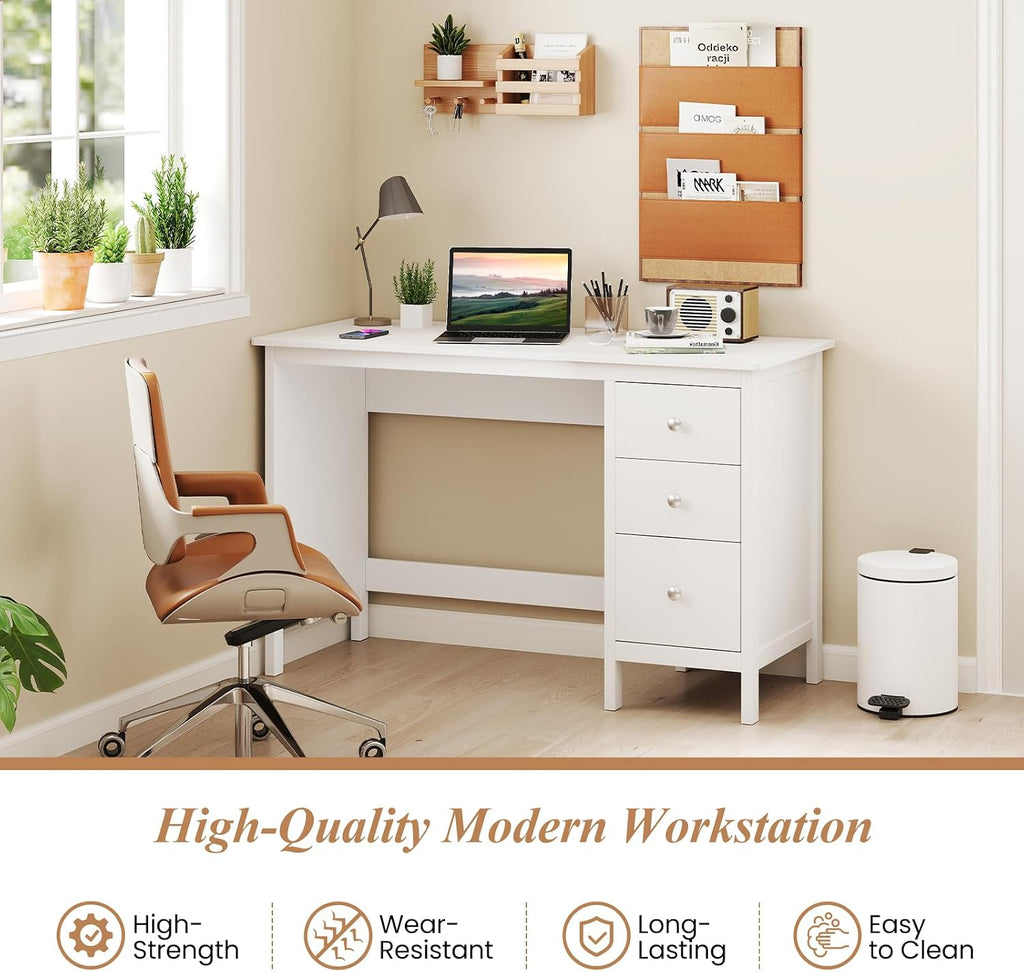 Giantex White Desk with Drawers, 48 Inch Home Office Desk with Anti-Toppling Device, Multifunctional Computer Workstation, Wood Study Writing Desk for Small Spaces, Bedroom