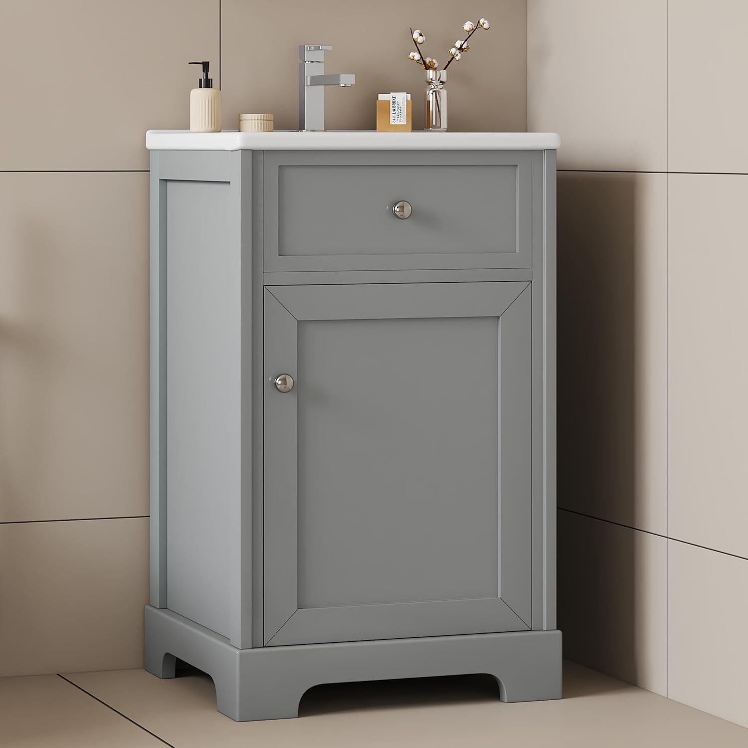 Flieks 20' Bathroom Vanity with Sink, Bathroom Cabinet with Soft Closing Door, Storage Rack and Adjustable Shelve, Grey