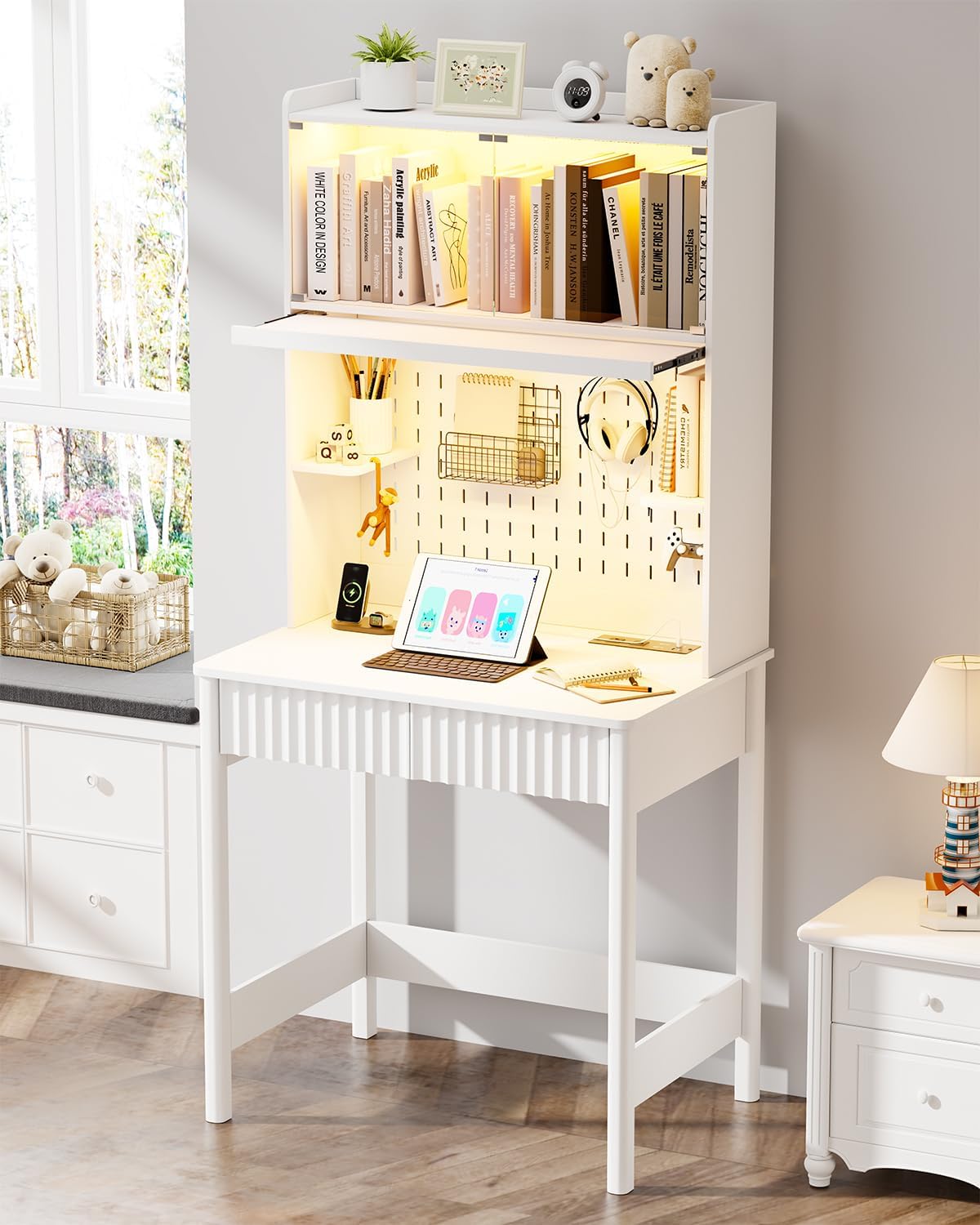 HNEBC White Computer Desk - with Power Outlets & Chariging Station,Small Writing Desk with Hutch and Drawers,66.3''H Office Desk with Pull-Out LED Lights,Pop-up Glass Door,Pegboards,Bedroom
