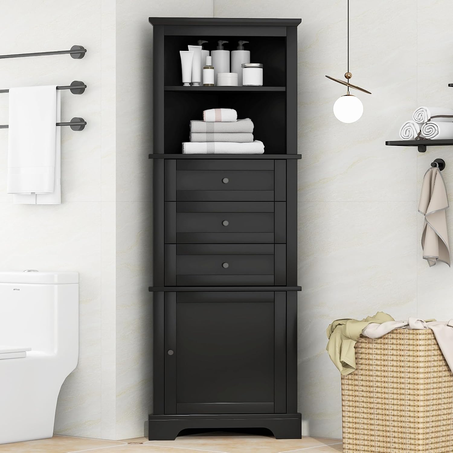 Bellemave Triangle Corner Cabinet, Tall Storage with 3 Drawers & Adjustable Shelves, for Bathroom Kitchen Living Room,MDF Board with Black Painted Finish,68.90' H
