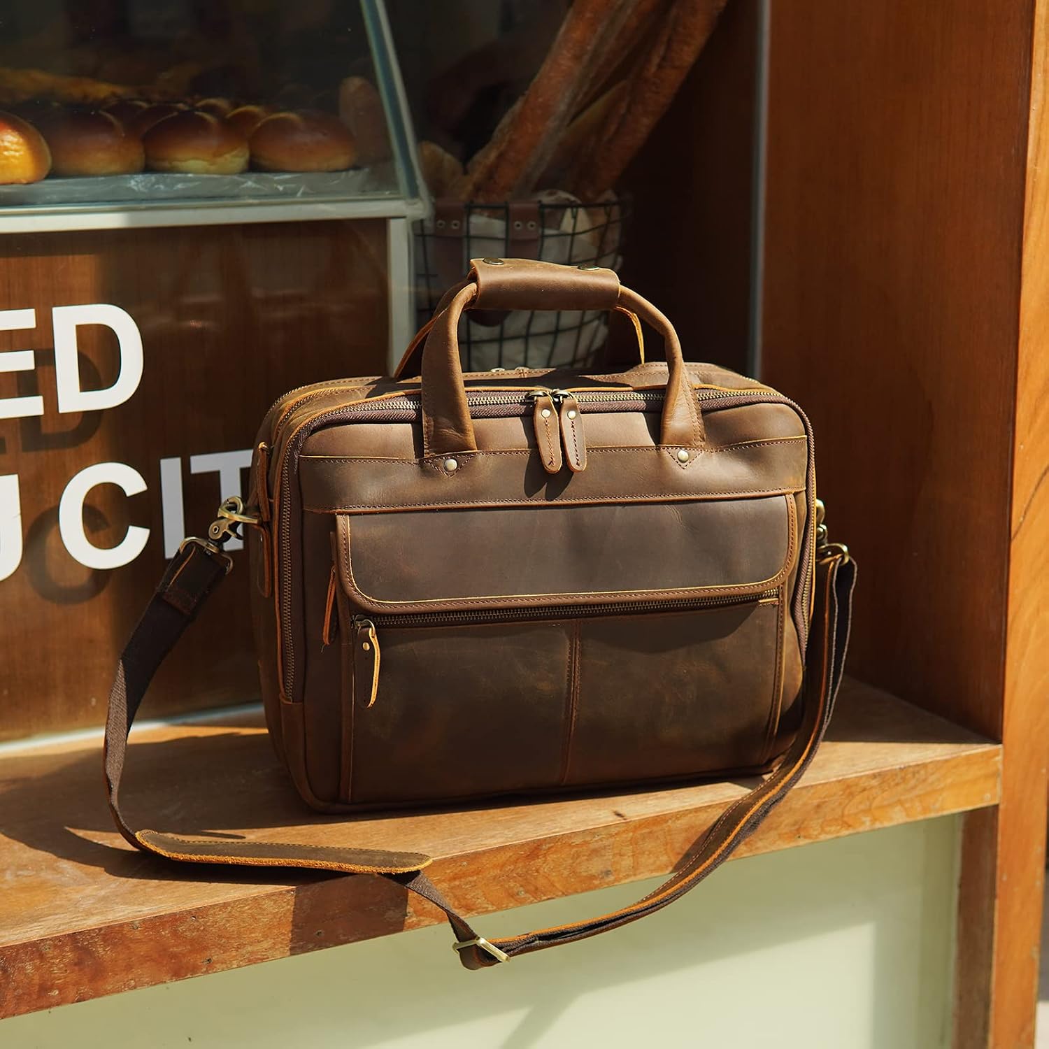 Polare Modern Attaché Style 15.7' Full Grain Italian Leather Laptop Business Briefcase for Men