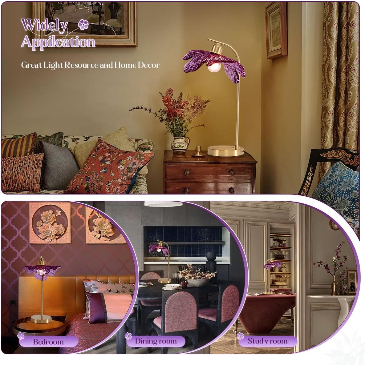 Touch Control Table Lamp, Mid Century Modern Gold Nightstand Lamp, 18.9-inch Vintage Purple Glass Table Light for Bedroom, Living Room, Farmhouse End Table, Set of 2
