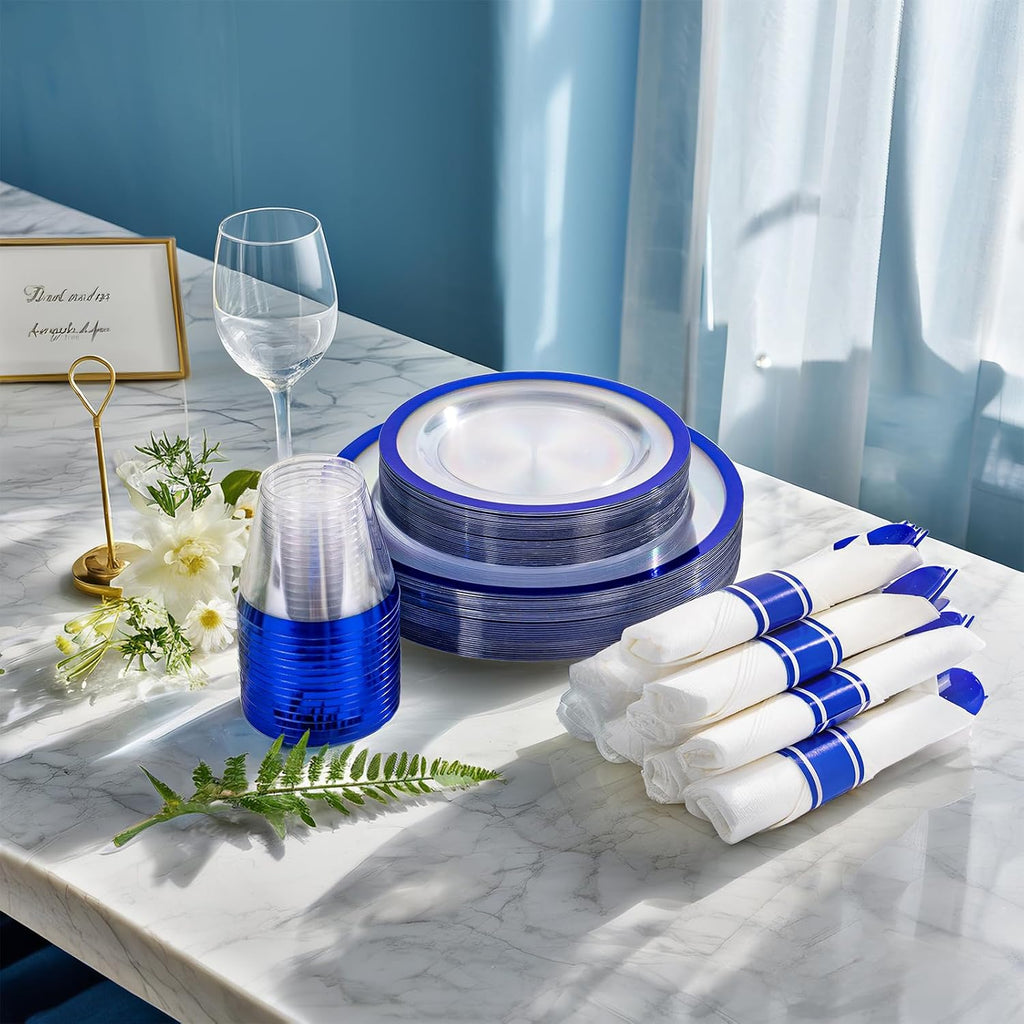 I00000 700 Piece Blue Plastic Dinnerware Set for Party, Clear Disposable Plates for 100 Guests, Include: 100 Dinner Plates, 100 Dessert Plates, 100 Pre Rolled Napkins with Cutlery Set, 100 Cups