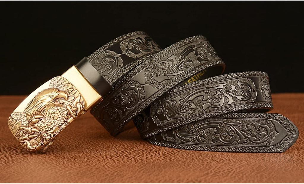 Western 3D Eagle Ratchet Belt for Men – Vintage Cowboy Distressed Genuine Leather Dress Gift