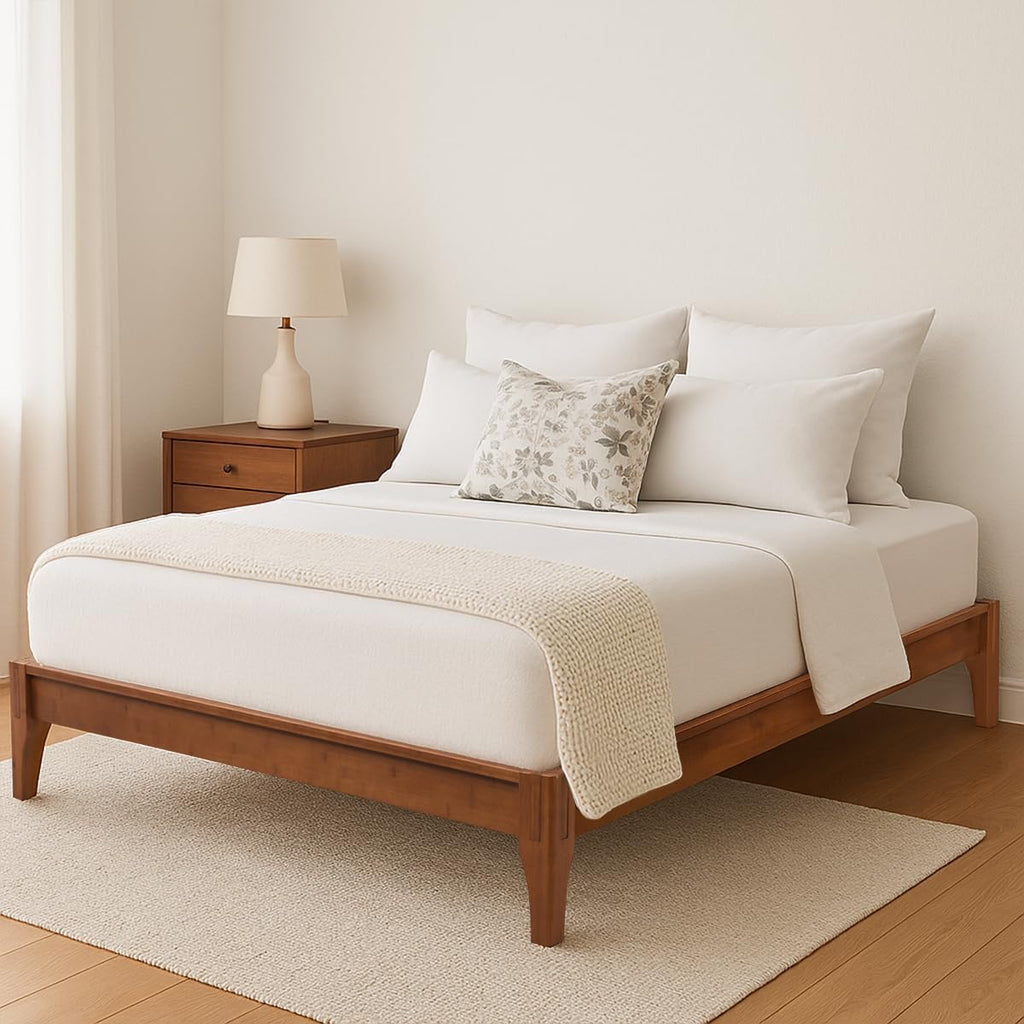 Merax Mid-Century Bamboo Platform Bed, Queen Size Bed Frame with Wood Slat Support, No Box Spring Needed, Easy Tool-Free Assembly, Brown