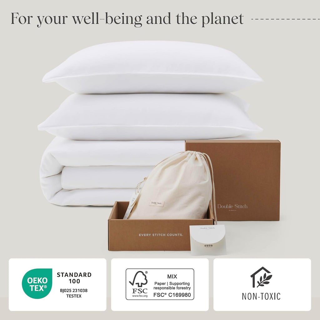 Double Stitch Cotton Tencel Duvet Cover - Queen Size Comforter Cover, Luxury & Soft Eucalyptus Lyocell Bedding Set for Hot Sleepers, Cooling & Breathable, Button Closure, Bright White, 90'x90'