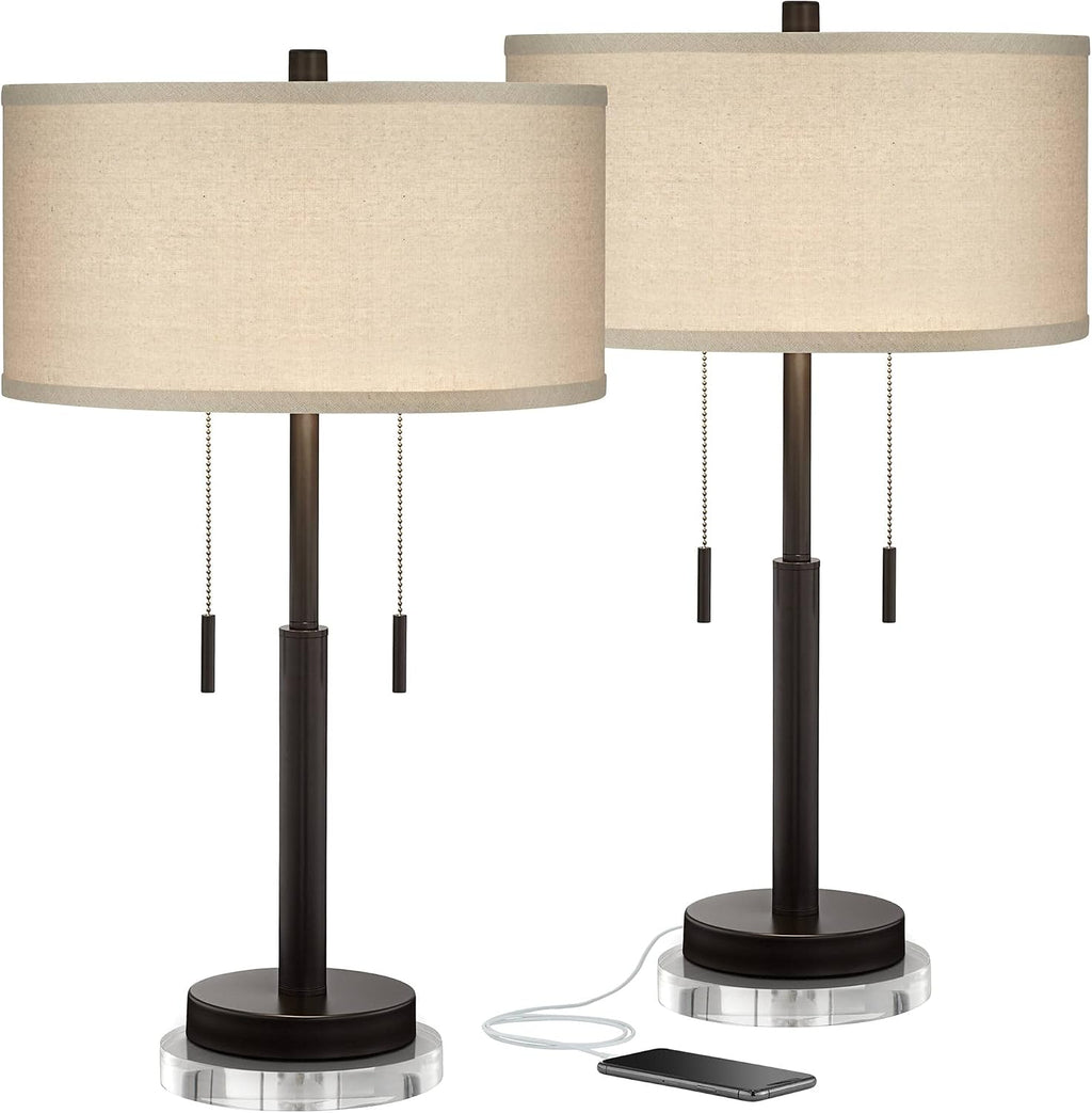 Franklin Iron Works Bernie Modern Industrial Table Lamps Set of 2 with Round Risers USB Ports 26' High Bronze Metal Tan Drum Shade for Bedroom Living Room House Home Desk Bedside Nightstand Office