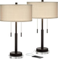 Franklin Iron Works Bernie Modern Industrial Table Lamps Set of 2 with Round Risers USB Ports 26' High Bronze Metal Tan Drum Shade for Bedroom Living Room House Home Desk Bedside Nightstand Office