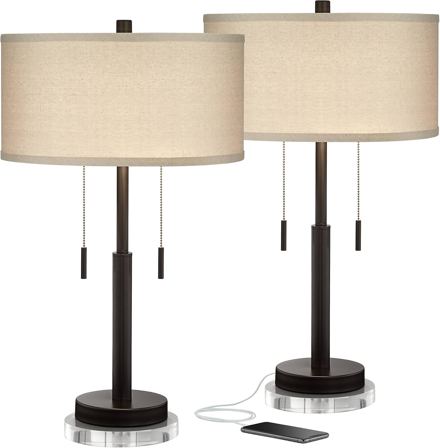 Franklin Iron Works Bernie Modern Industrial Table Lamps Set of 2 with Round Risers USB Ports 26' High Bronze Metal Tan Drum Shade for Bedroom Living Room House Home Desk Bedside Nightstand Office
