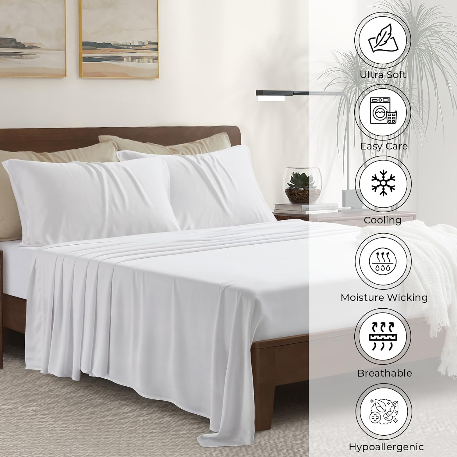 Luxury Bamboo Market | Queen Size Bed Sheet Set | 100% Viscose Made from Bamboo | Organically Grown | Ultra Soft | Cooling Sheets for Hot Sleepers | 17' Deep Pocket [Classic White]