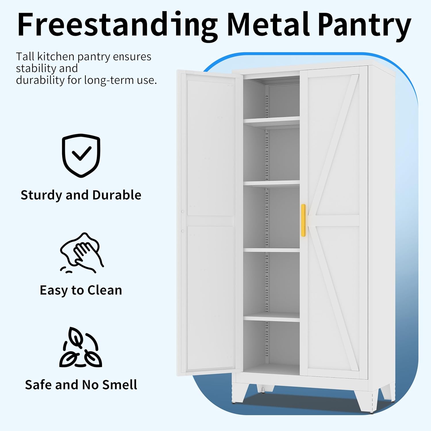 71' Tall Pantry Cabinet, White Metal Kitchen Storage Cabinet with 2 Doors and 4 Adjustable Shelves