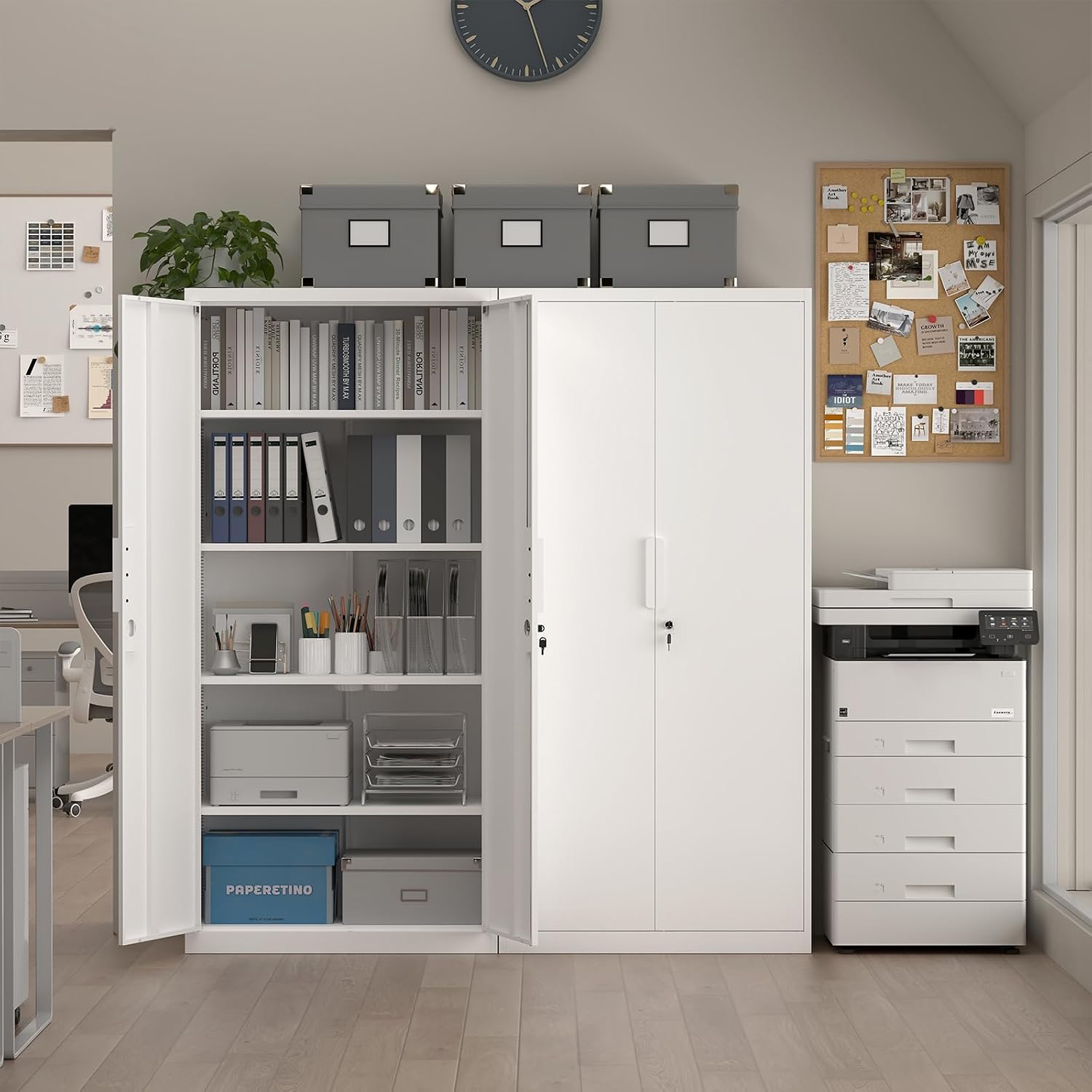72' H Metal Garage Storage Cabinet with 2 Doors and 4 Shelves, White Steel Locking File Cabinet, Metal Storage Cabinets for Office, Home, Garage, Gym, School