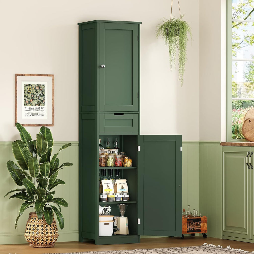 Iwell Tall Bathroom Storage Cabinet with 2 Doors & 1 Drawer, Narrow Storage Cabinet with Adjustable Shelves, for Living Room, Bathroom, Kitchen, Forest Green