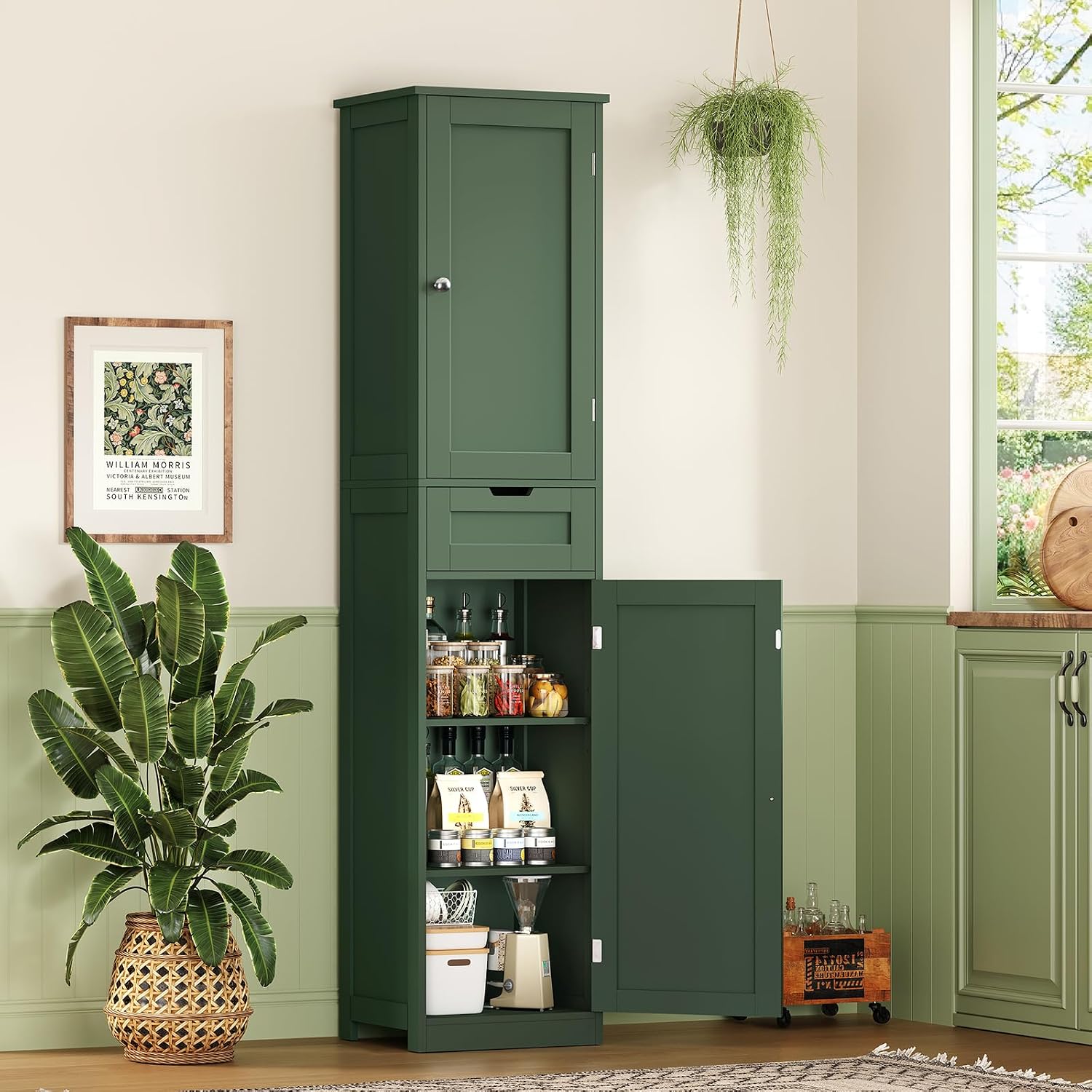 Iwell Tall Bathroom Storage Cabinet with 2 Doors & 1 Drawer, Narrow Storage Cabinet with Adjustable Shelves, for Living Room, Bathroom, Kitchen, Forest Green
