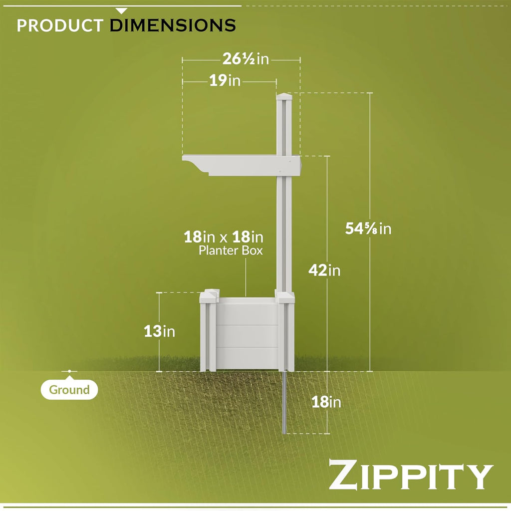 4.5ft H (1 Post w/Planter) No Dig Zippity Majestic Mailbox Post with Planter Box, White Vinyl Support for Outdoor Mail, Decorative Column w/Flower Box, Architectural Mount for Letter Box, ZP19027