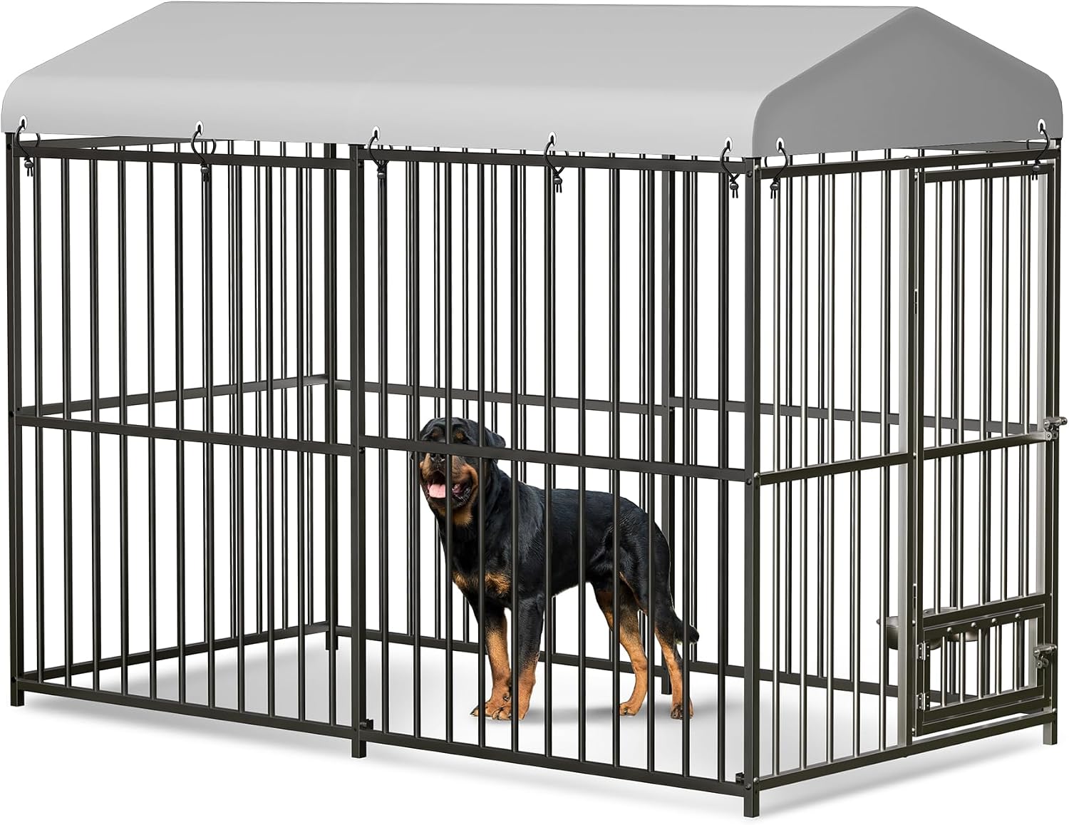 GarveeHome 8×4×6FT Large Heavy Duty Outdoor Dog Kennel, Weatherproof Metal Dog Cage with Lock, Rotating Stainless Steel Feeding Bowl & Waterproof Roof Cover, for All Dog Breeds, Yard or Indoor Use