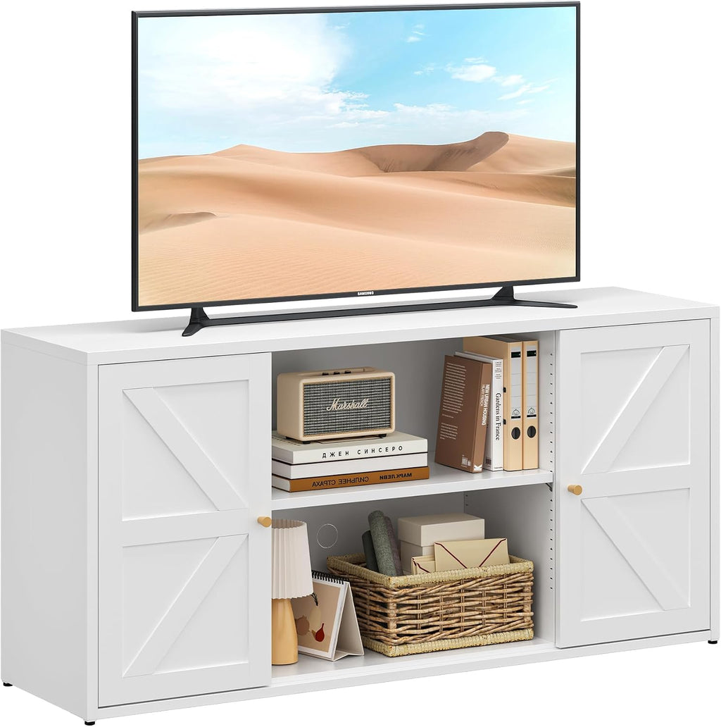 Washsemba Farmhouse - Style 65 - inch Metal TV Stand: Entertainment Center with Locker, Barn - Style Doors, Adjustable Partition. Medieval Modern Media Console Table for Living Room & Bedroom (White)