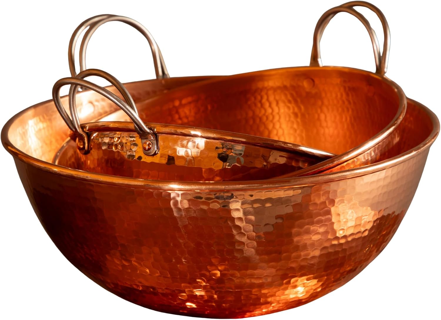 Sertodo Copper Handled Mixing Bowls | 3 Piece Set (8', 10', 12' diameters) | 100% Pure Copper, Heavy Gauge, Hand Hammered | Whip Eggs Whites to Perfection | NOT for Salads