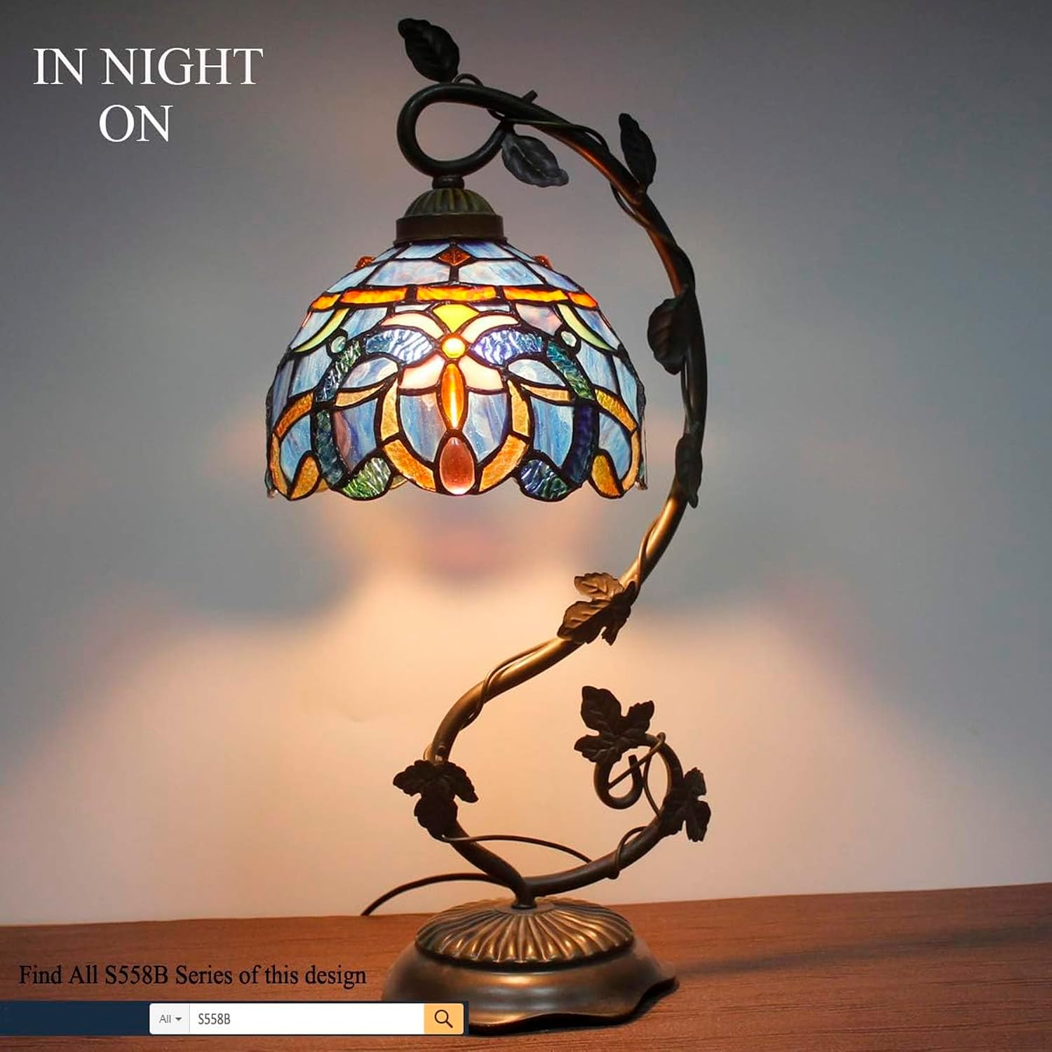 WERFACTORY Tiffany Lamp Cloudy Blue Stained Glass Table Lamp, Metal Leaf Base 8X10X21 Inches Reading Desk Light Decor Small Space Bedside Bedroom Home Office S558 Series