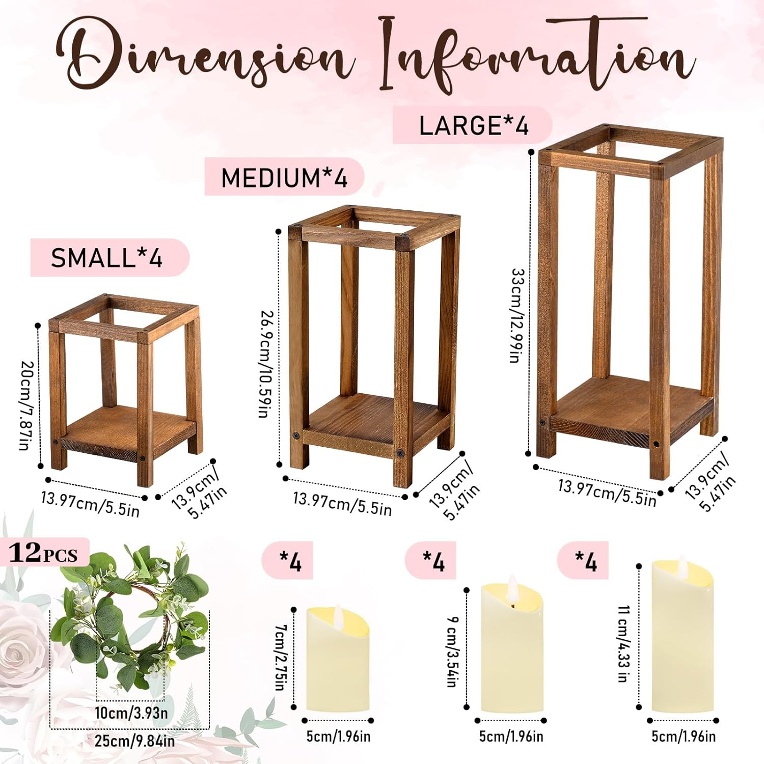 Geelin 12 Set 7.87'', 10.59'', 13'' Brown Wooden Lanterns for Wedding Centerpieces Include 12 Wooden Lantern 12 LED Candle 12 Eucalyptus Leaves Wreath for Wedding Baby Shower Farmhouse Table Decor