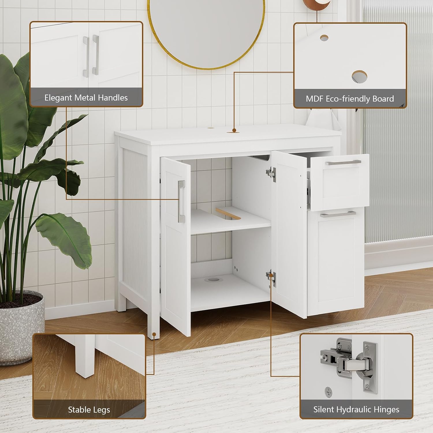 YOURLITE 36 Inches Traditional Bathroom Vanity Set with Single Faucet Hole, Clear Boat Glass Sink, White Finish, 2-Door Cabinet