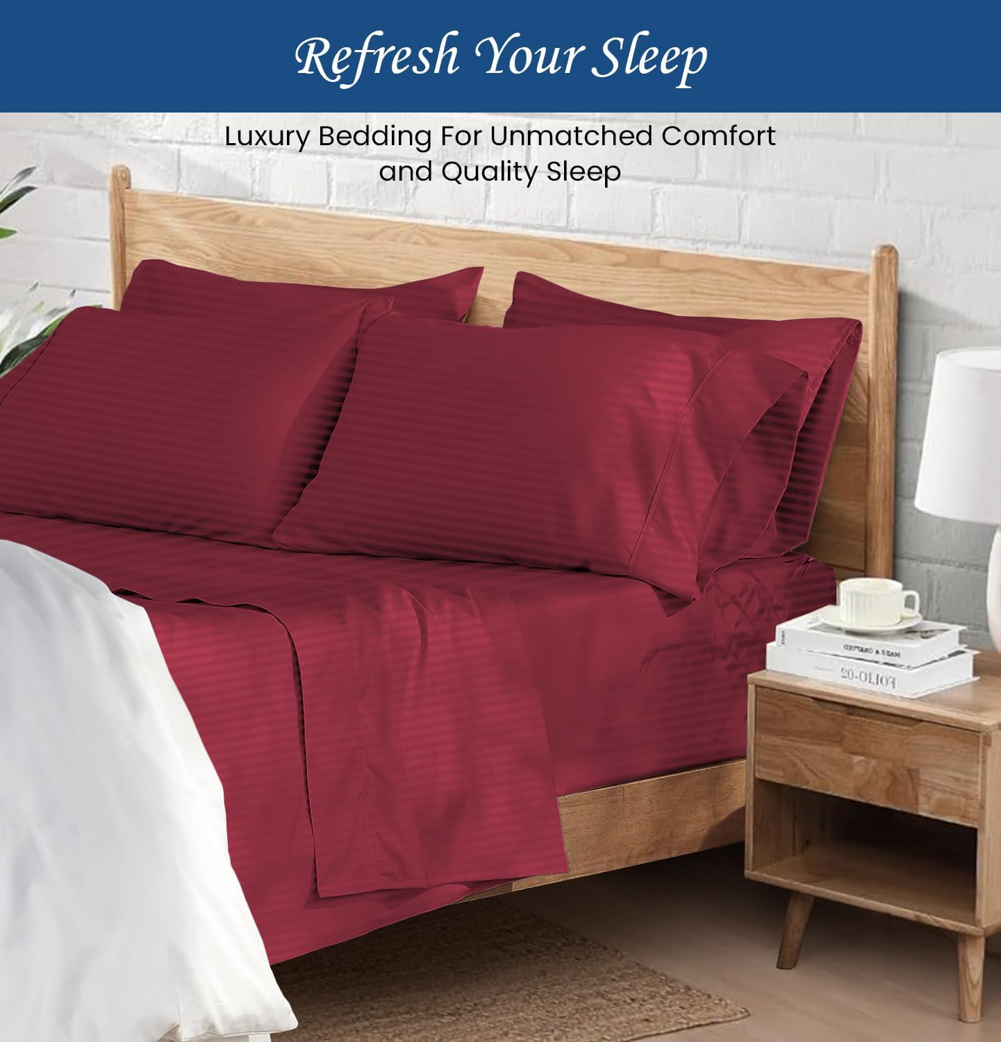 1000 Series- Extra Long Staple 100% Egyptian Cotton Sheet Set,Sateen Weave, Hotel Quality Soft Luxury Bedding, Queen Size 4 Piece Sheet Set Fit 15' Inch to 18' Deep Stripe Burgundy