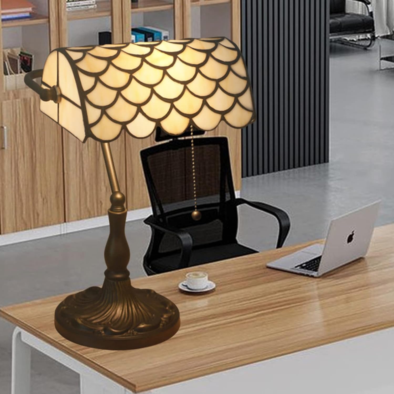 Tiffany Style Bankers Table Lamp Stained Glass Piano Desk Lamp Vintage Bedroom Bedside Lamp for Study,Antique Alloy Base,Zipper Switch,Green d