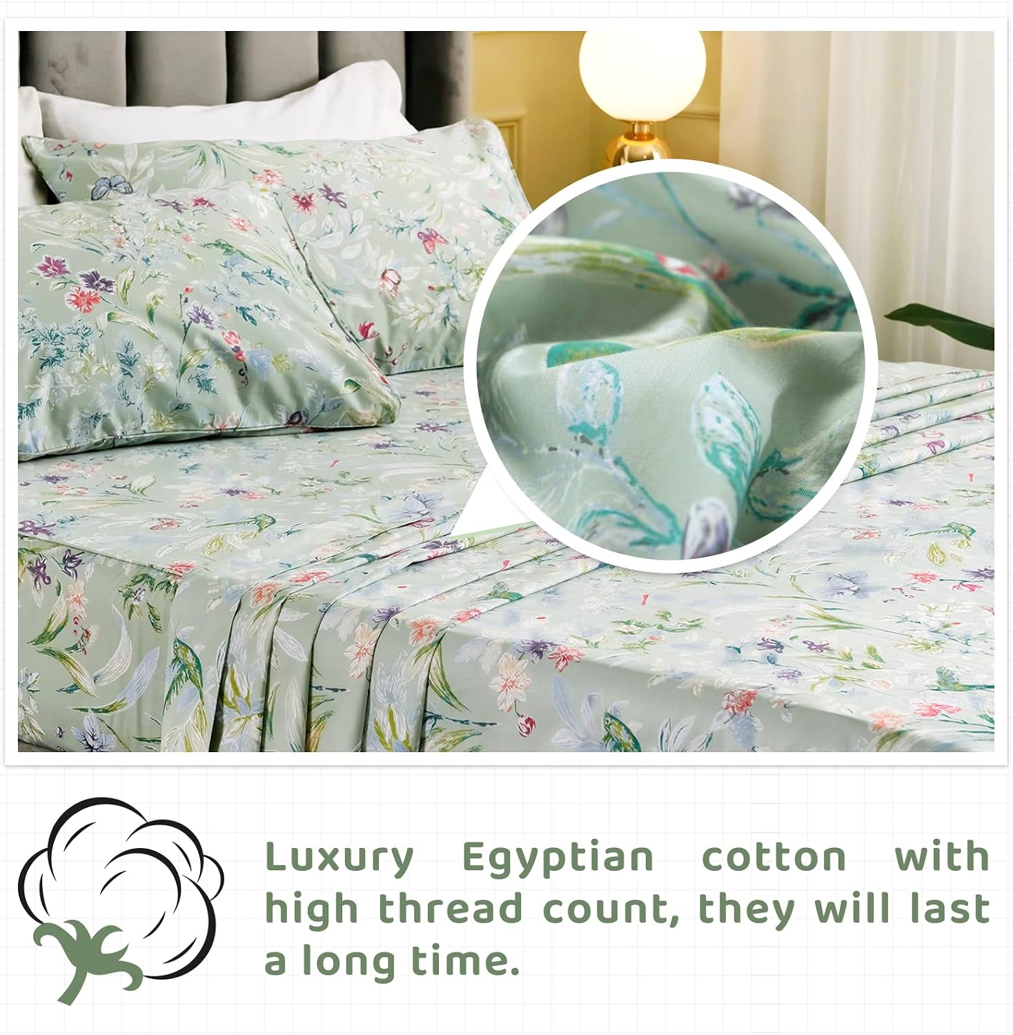 QSH Floral King Size Sheet Sets - Green Flower Bird Butterfly Print Botanical Bedding Egyptian Cotton Printed Sheets King Size Bed Extra Soft and Breathable 17.5' Deep Pockets Bed Sheets 4pcs