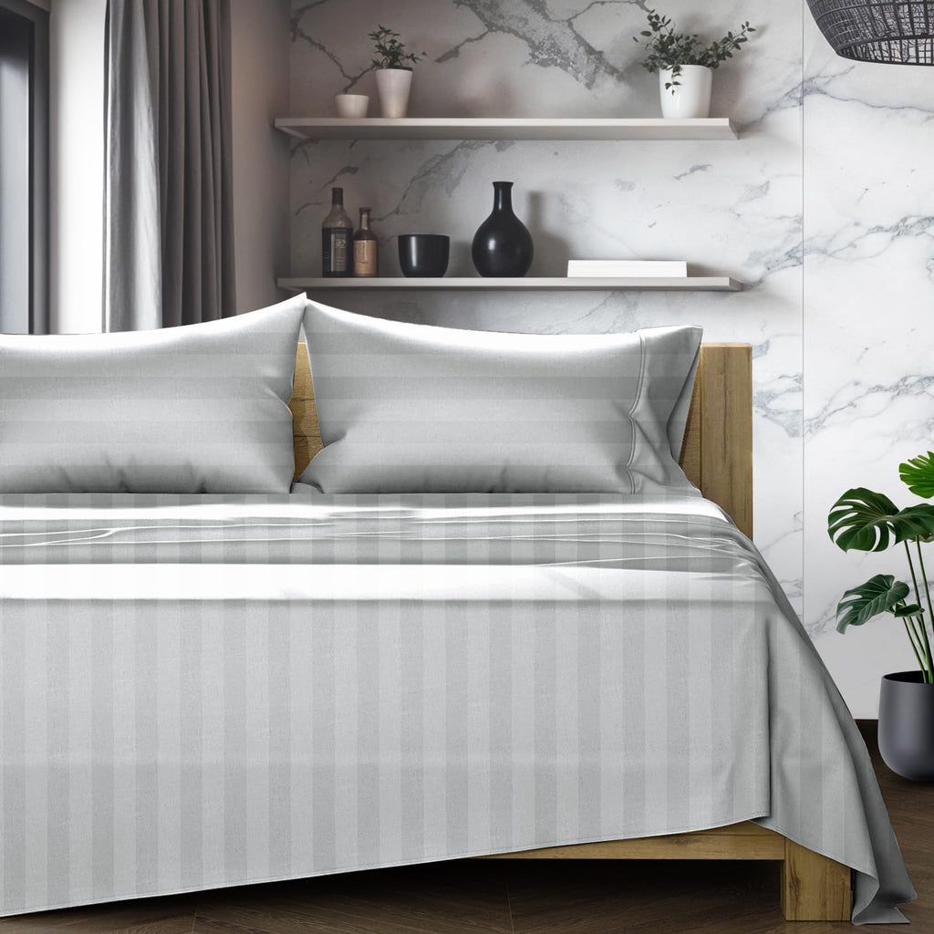 TEXAS LINEN CO. 100% Egyptian Cotton Queen Sheets Set - Luxury 1200 Series Star Sleepin' Damask Egyptian Cotton Sheets Queen Size (4 PC, Silver Stripe), 17' Deep Pocket, Cooling Sateen Hotel Bedding