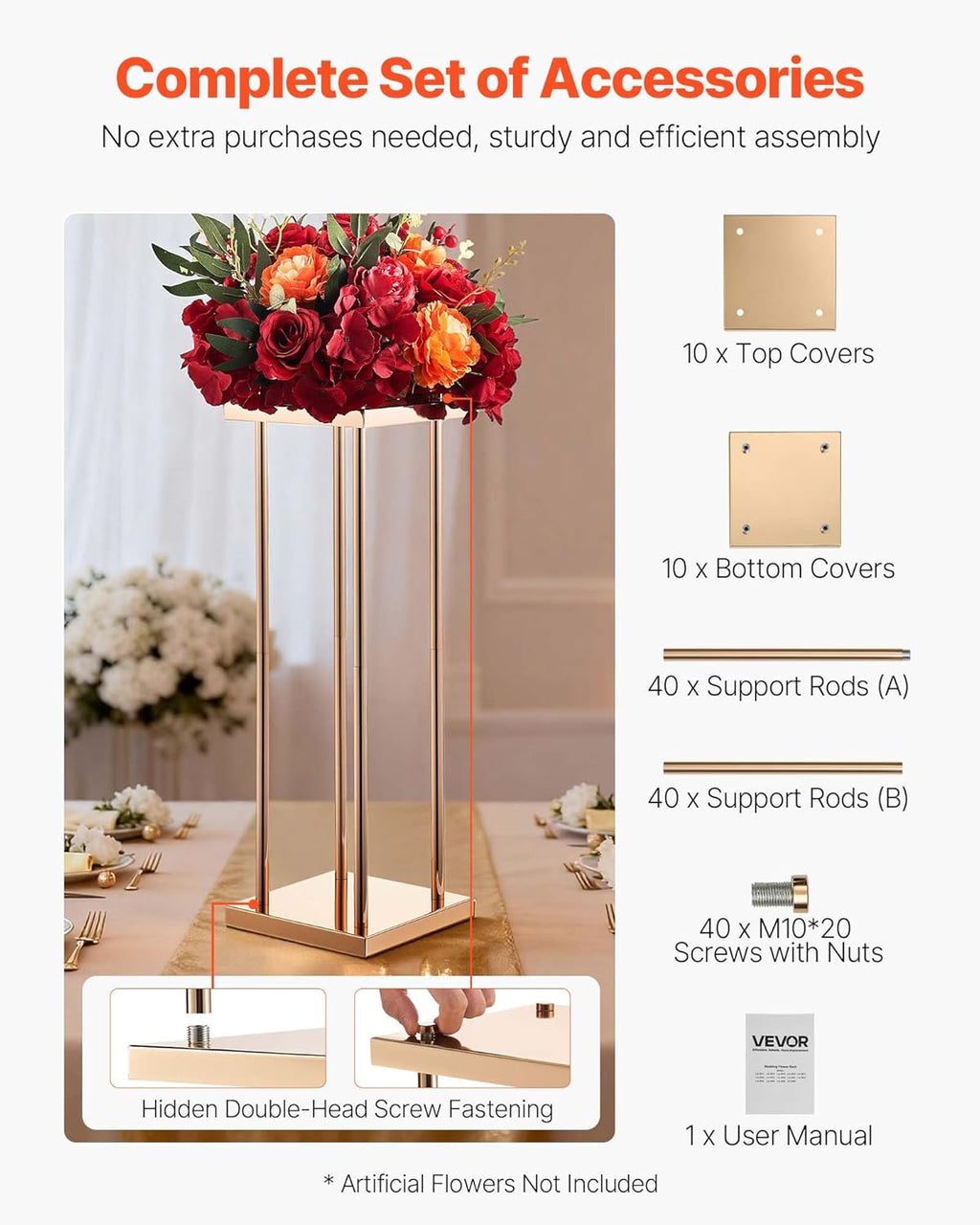 VEVOR Wedding Flower Stand, 10PCS 23.62-inch Column Flower Stand, Floral Stands with Metal Laminate, Cylindrical Cubic Floral Display Rack for Wedding, Party, Birthday, Home,French Gold Centerpiece Stands