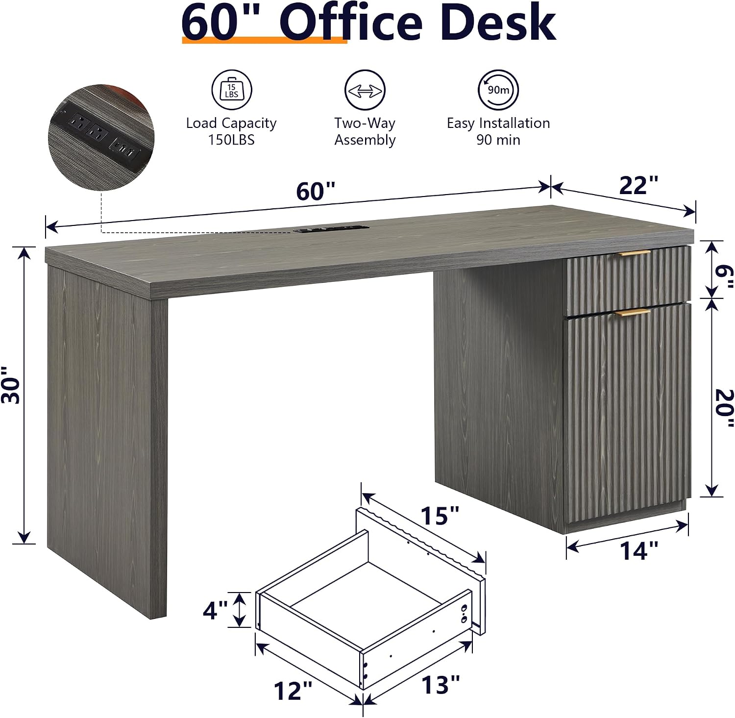JXQTLINGMU 60' Modern Executive Desk with Storage, Wood Home Office Desk with Drawer & Cabinet, Fluted Computer Writing Desk for Study, Work, Living Room, Bedroom, Grayish Green